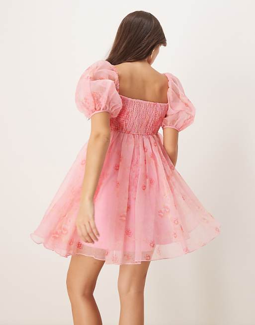 Lace & Beads Sheer Sleeve Organza Mini Dress In Pink Floral