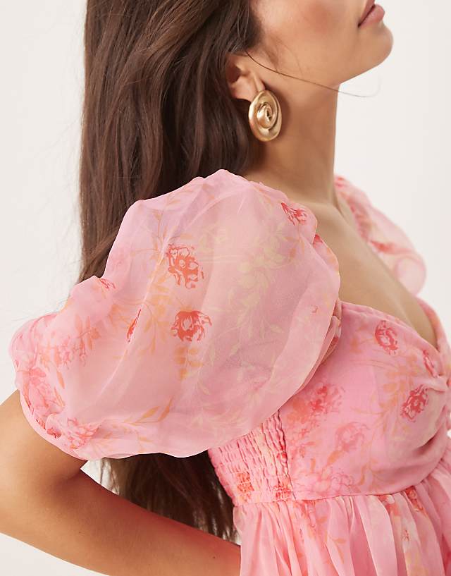 Lace & Beads Sheer Sleeve Organza Mini Dress In Pink Floral
