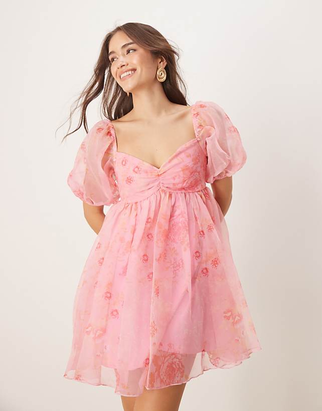 Lace & Beads sheer sleeve organza mini dress in pink floral