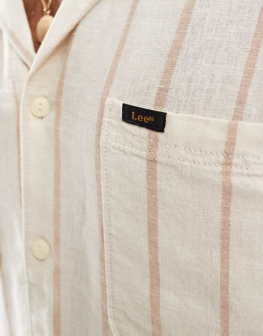 Lee Camp Relaxed Fit Linen Short Sleeve Shirt With Revere Collar In Beige Stripe