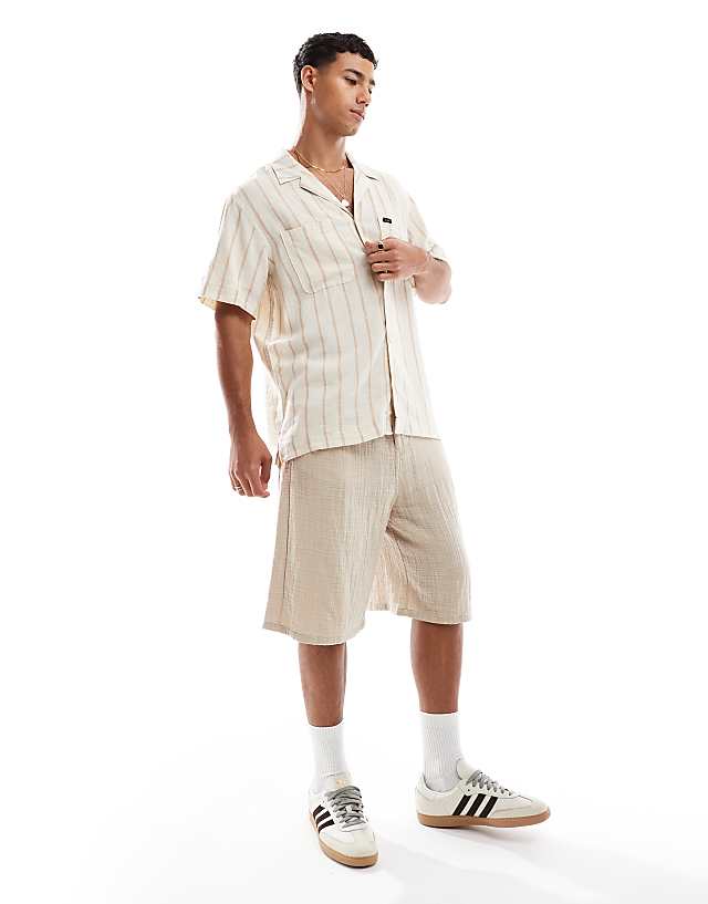 Lee Camp Relaxed Fit Linen Short Sleeve Shirt With Revere Collar In Beige Stripe