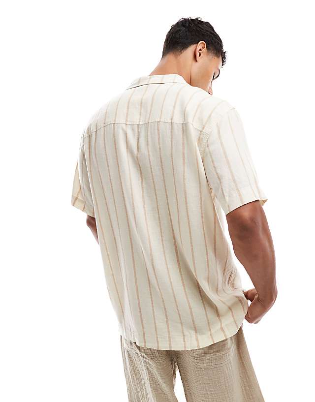 Lee Camp Relaxed Fit Linen Short Sleeve Shirt With Revere Collar In Beige Stripe