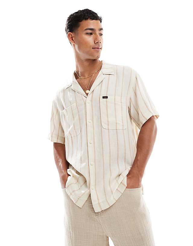 Lee Camp Relaxed Fit Linen Short Sleeve Shirt With Revere Collar In Beige Stripe