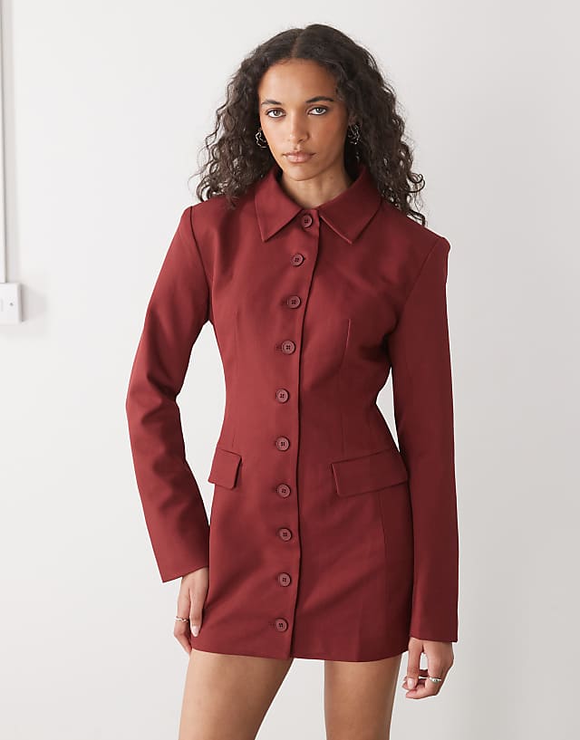 Lioness Cheri Structured Button Front Tailored Blazer Mini Dress In Red