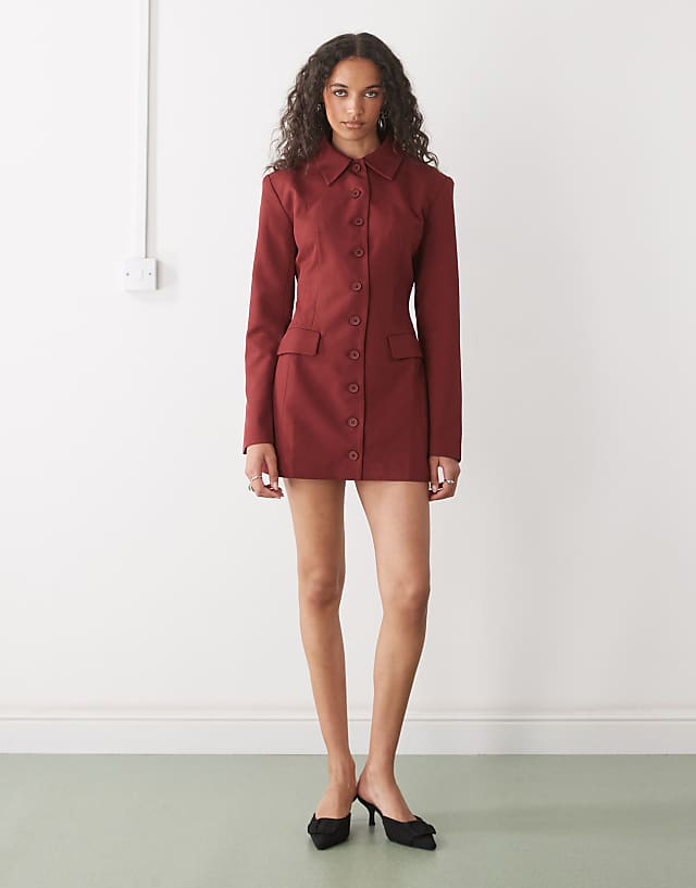 Lioness Cheri Structured Button Front Tailored Blazer Mini Dress In Red