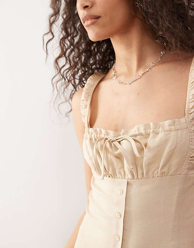 Lioness Heart Shaped Linen Blend Milkmaid Button Detail Tiered Maxi Dress In Beige