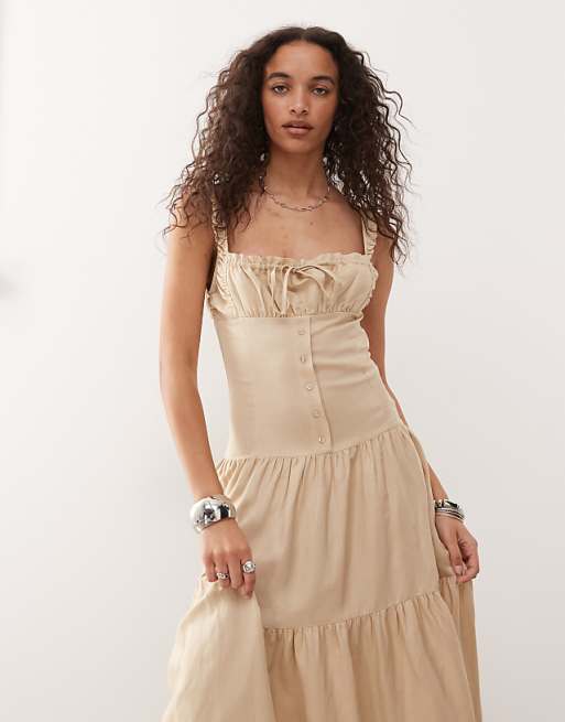 Lioness Heart Shaped Linen Blend Milkmaid Button Detail Tiered Maxi Dress In Beige