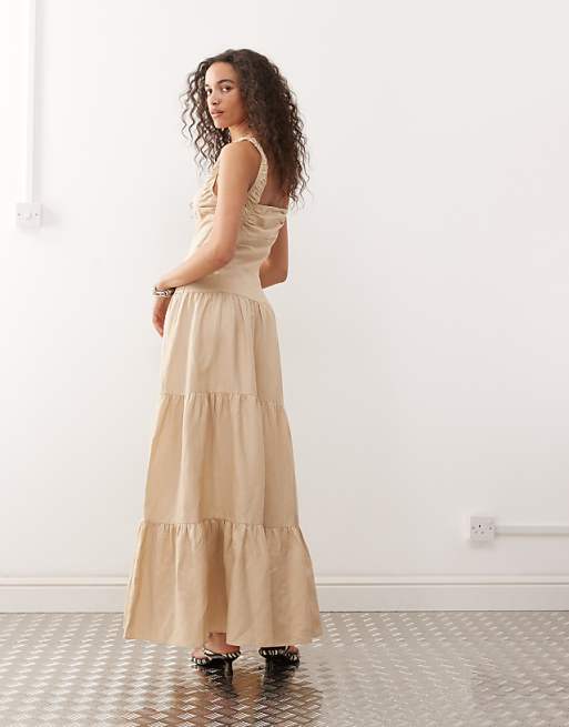 Lioness Heart Shaped Linen Blend Milkmaid Button Detail Tiered Maxi Dress In Beige