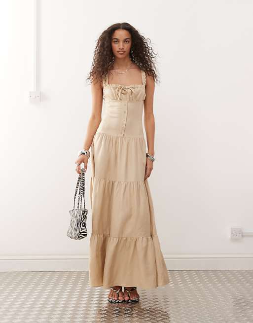 Lioness Heart Shaped linen blend milkmaid button detail tiered maxi dress in beige
