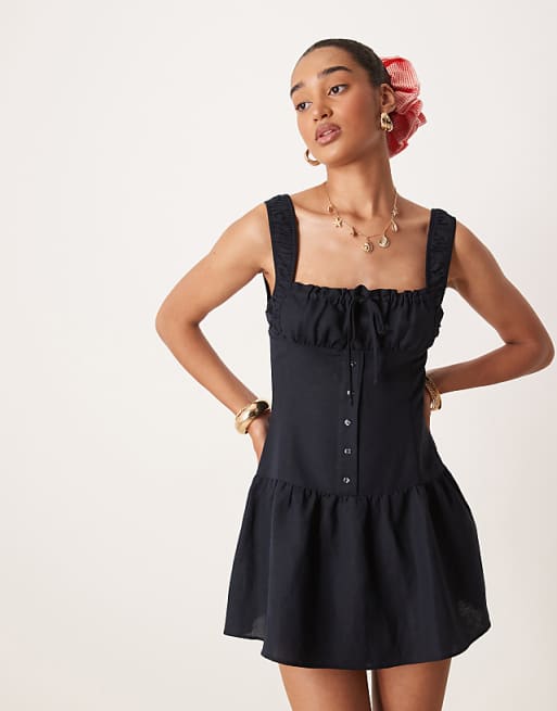 Lioness Heart Shaped linen blend milkmaid tie front button detail gathered skirt mini dress in navy