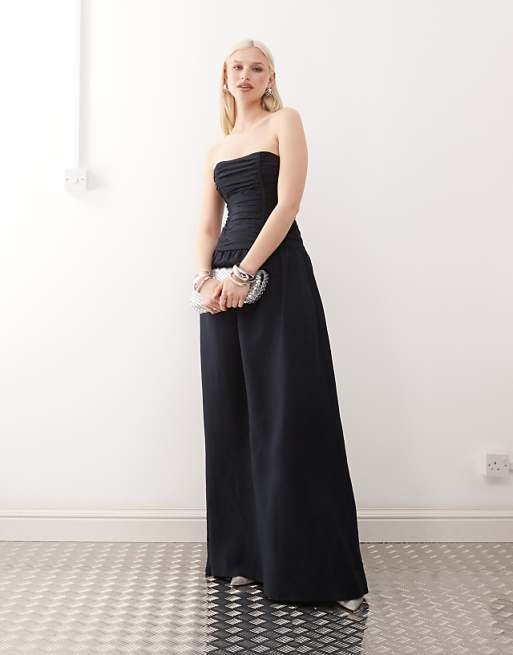 Lioness Lush Linen Blend Bandeau Ruched Bodice Detail Maxi Dress In Navy