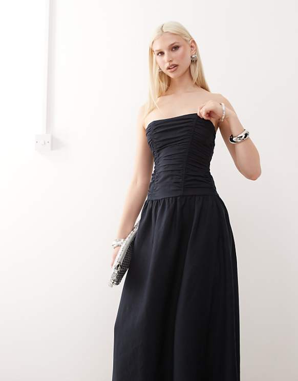 Lioness Lush linen blend bandeau ruched bodice detail maxi dress in navy