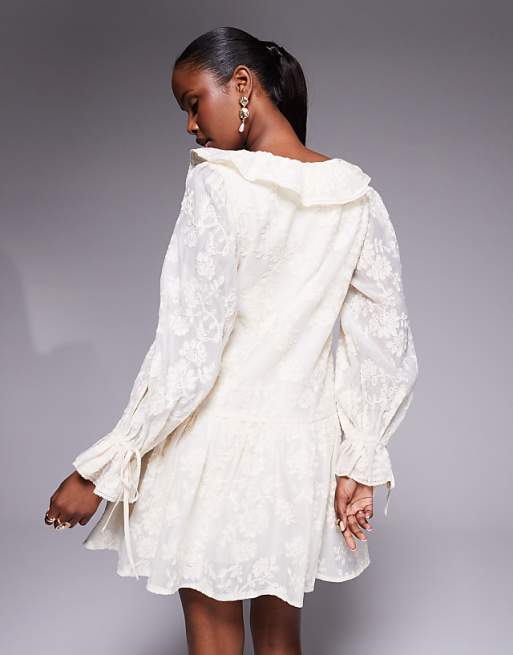 Love Triangle Ruffle Detail Lace Drop Waist Mini Dress In Vintage Cream