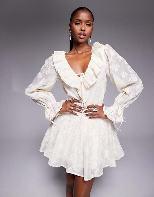 Love Triangle ruffle detail lace drop waist mini dress in vintage cream