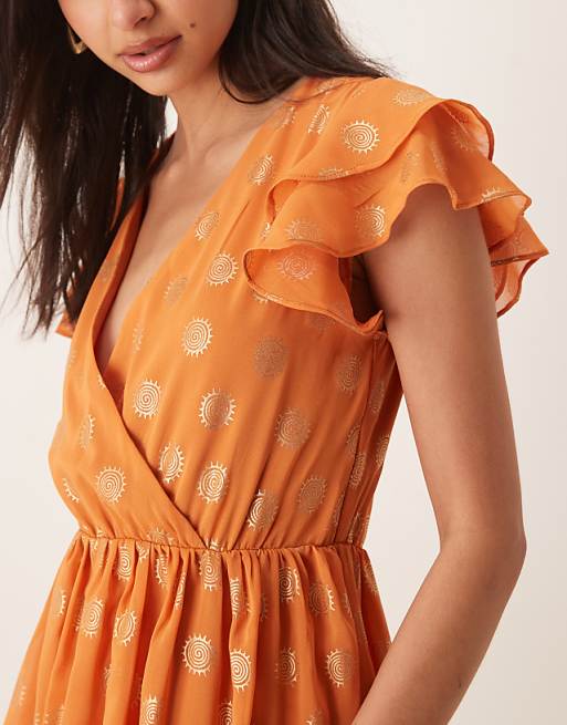 Lovedrobe V Neck & Flutter Sleeve Metallic Midi Dress In Orange