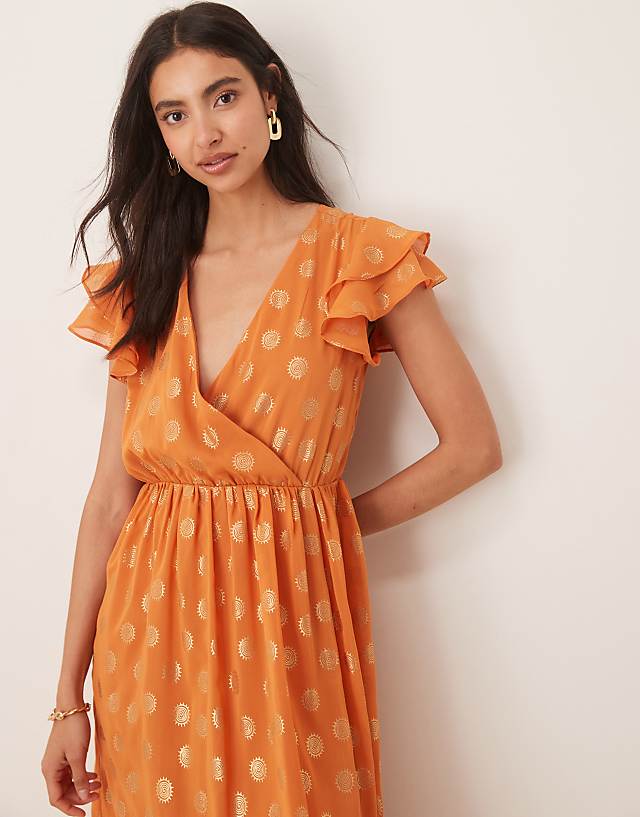 Lovedrobe V Neck & Flutter Sleeve Metallic Midi Dress In Orange