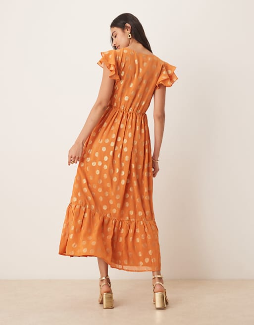 Lovedrobe V Neck & Flutter Sleeve Metallic Midi Dress In Orange