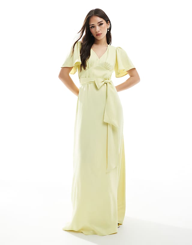Maids to Measure Bridesmaid flutter sleeve maxi dress in lemon