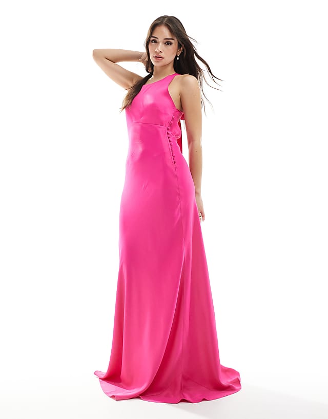 Maids To Measure Bridesmaid High Neck Maxi Dress With Tie Back In Hot Pink