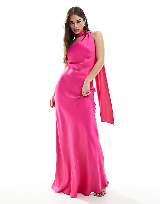 Maids To Measure Bridesmaid One Shoulder Scarf Maxi Dress In Hot Pink