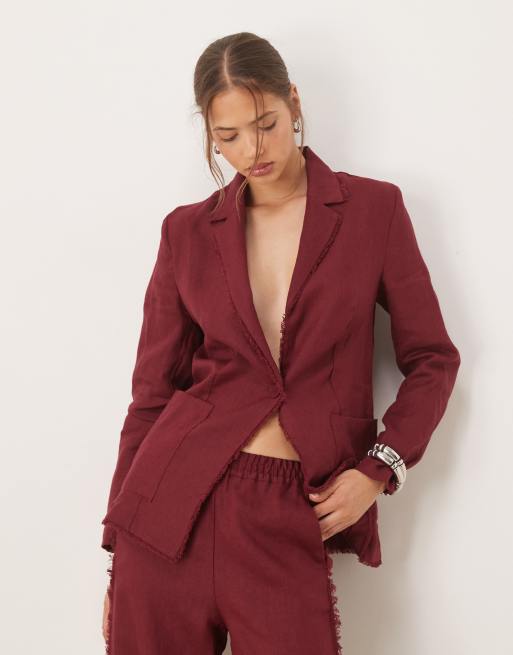 Mango Co-ord 100% Linen Frayed Edge Fitted Blazer & Trouser In Dark Red