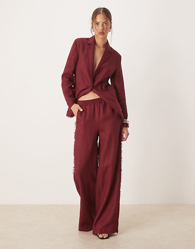Mango co-ord 100% linen frayed edge fitted blazer & trouser in dark red