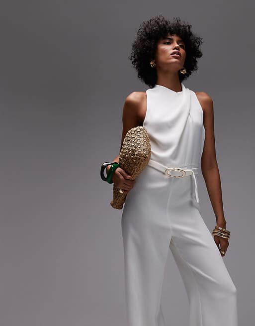 Mango High Neck Draped Jumpsuit With Gold Belt In Off White
