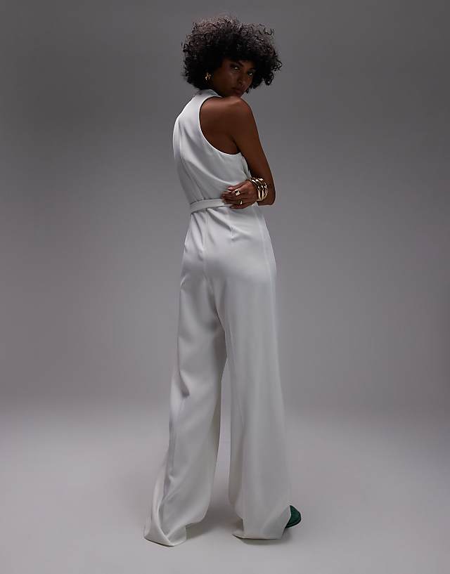Mango High Neck Draped Jumpsuit With Gold Belt In Off White