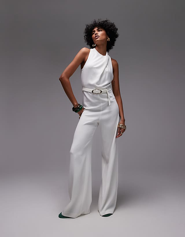 Mango high neck draped jumpsuit with gold belt in off white