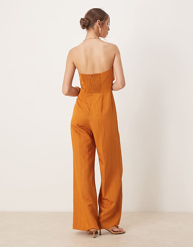 Mango Linen Mix Bandeau Jumpsuit In Burnt Orange