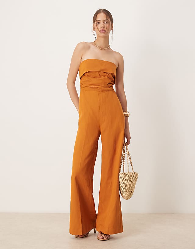 Mango linen mix bandeau jumpsuit in burnt orange
