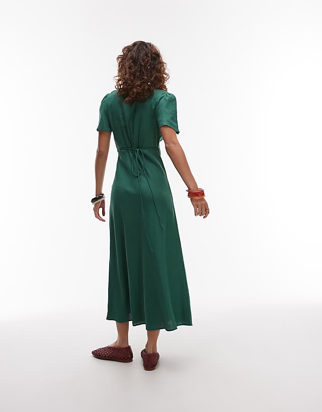 Mango Linen Mix Short Sleeve Midi Dress In Emrald Green