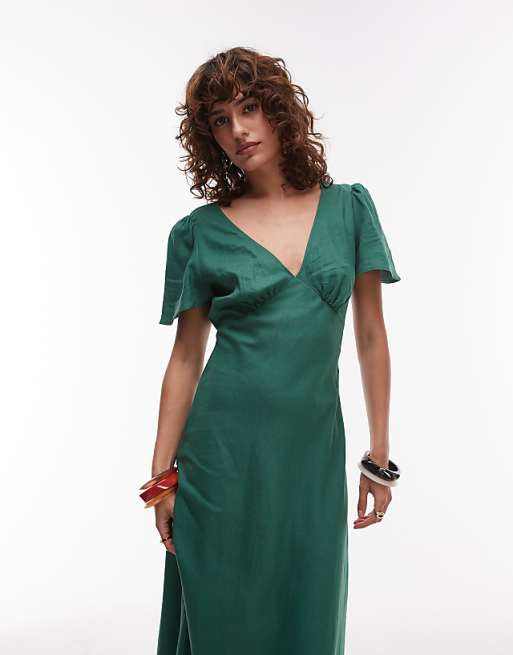 Mango Linen Mix Short Sleeve Midi Dress In Emrald Green