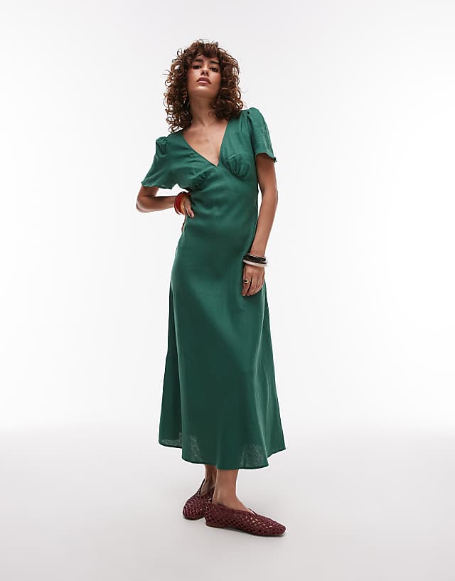 Mango Linen Mix Short Sleeve Midi Dress In Emrald Green