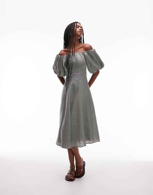 Mango Linen Puff Sleeve Midi Dress In Sage Green
