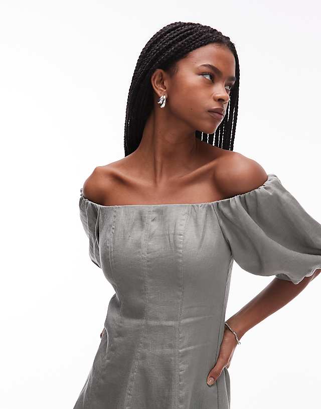 Mango Linen Puff Sleeve Midi Dress In Sage Green