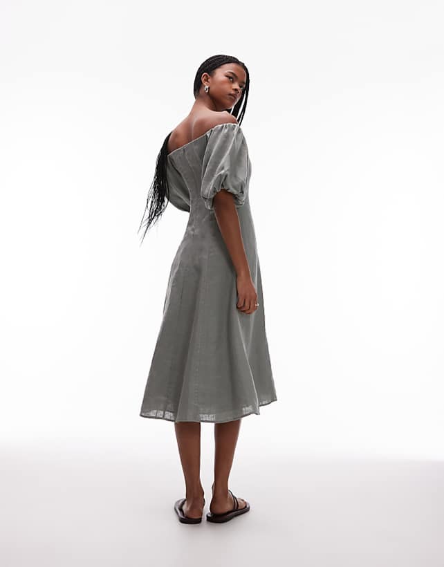 Mango Linen Puff Sleeve Midi Dress In Sage Green