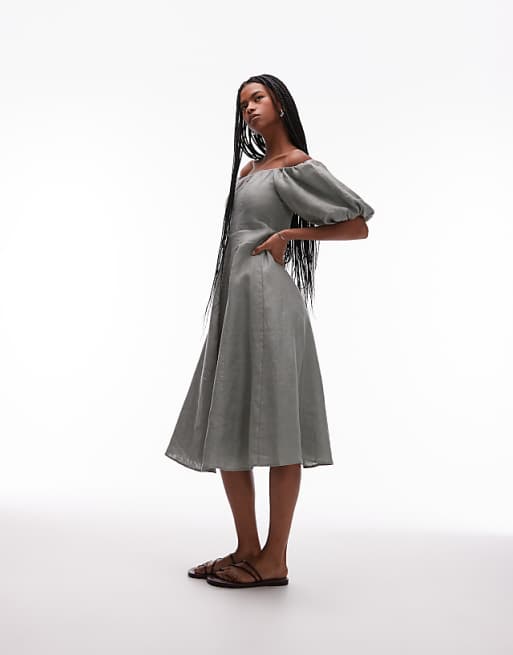 Mango linen puff sleeve midi dress in sage green