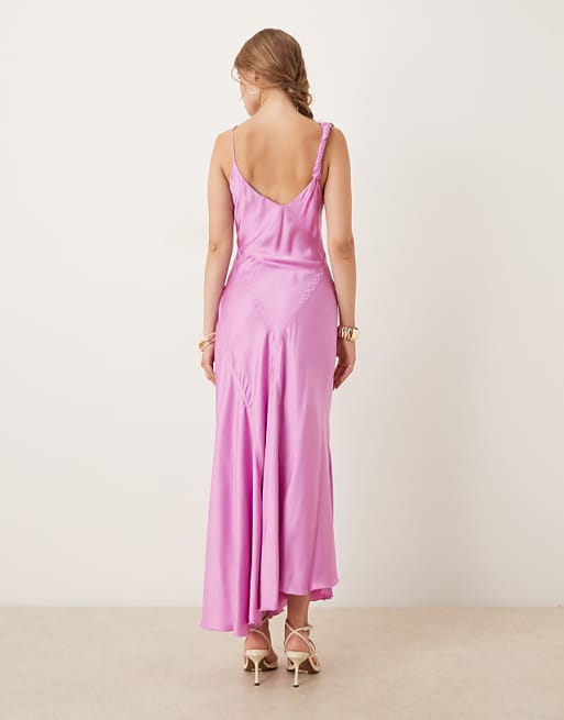 Mango One Shoulder Satin Midi Dress With Side Split In Pink