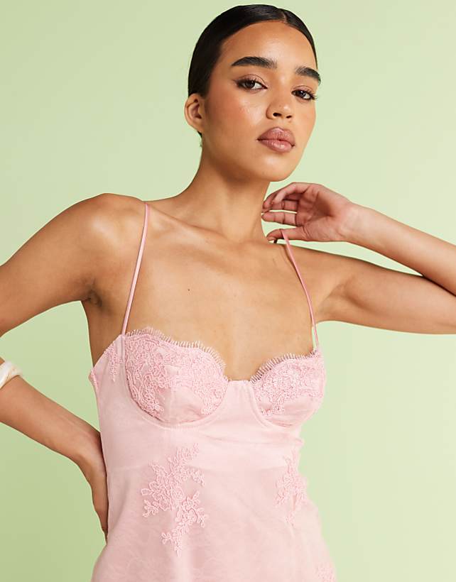 Mango Premium Embroidered Floral Strappy Midi Dress In Pink