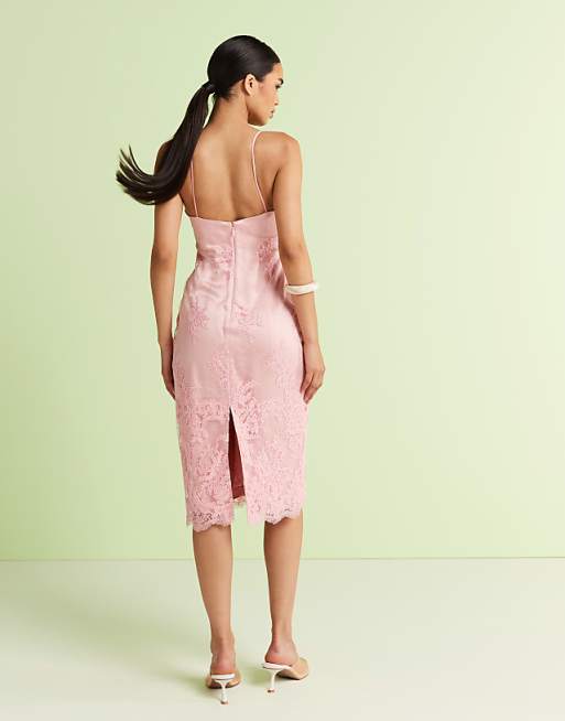 Mango Premium Embroidered Floral Strappy Midi Dress In Pink