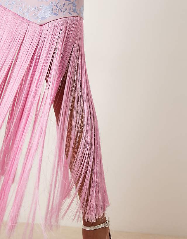 Mango Premium Halterneck Embroidered Floral Maxi Dress With Fringing In Pink