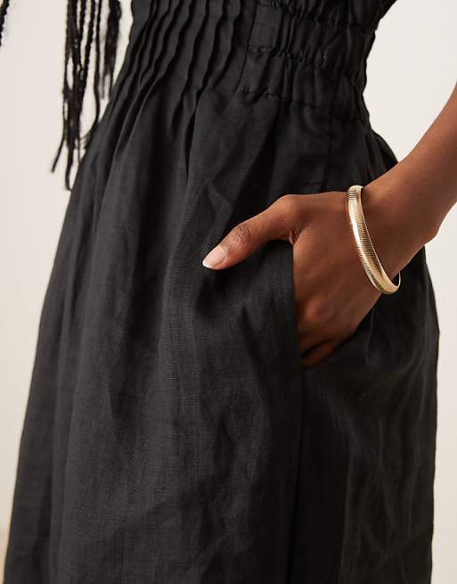 Mango Ramie Linen Blend Drape Sleeve Midaxi Dress With Ruched Pleated Detail Waist And Side Split In Black