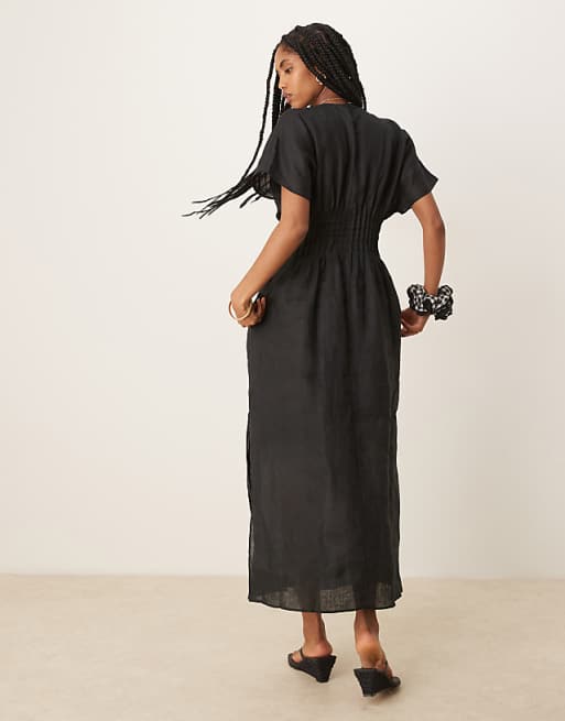 Mango Ramie Linen Blend Drape Sleeve Midaxi Dress With Ruched Pleated Detail Waist And Side Split In Black
