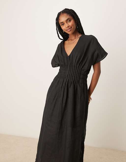 Mango Ramie Linen Blend Drape Sleeve Midaxi Dress With Ruched Pleated Detail Waist And Side Split In Black