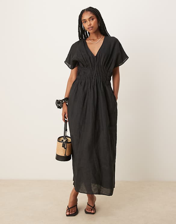 Mango Ramie Linen Blend Drape Sleeve Midaxi Dress With Ruched Pleated Detail Waist And Side Split In Black