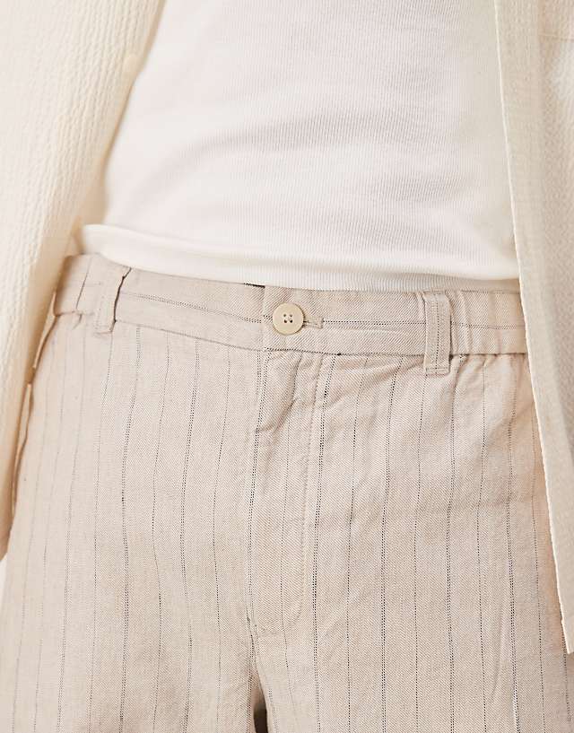 Mango Tailored Linen Mix Short In Beige Stripe