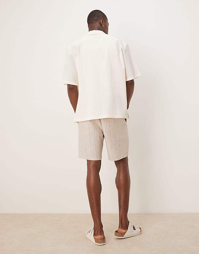 Mango Tailored Linen Mix Short In Beige Stripe