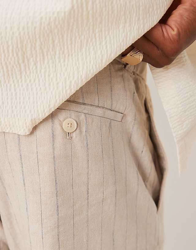 Mango Tailored Linen Mix Short In Beige Stripe