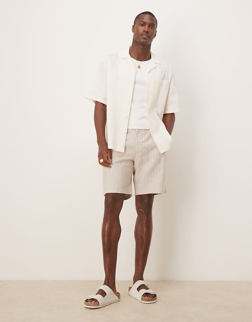 Mango Tailored Linen Mix Short In Beige Stripe